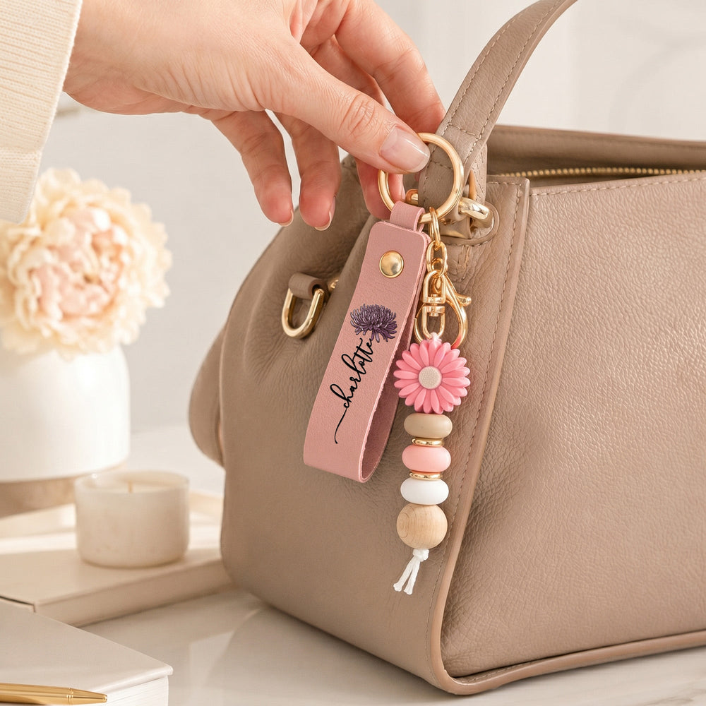 Personalized Birth Flower Keychain - Custom Bestie Beaded Wristlet Gift