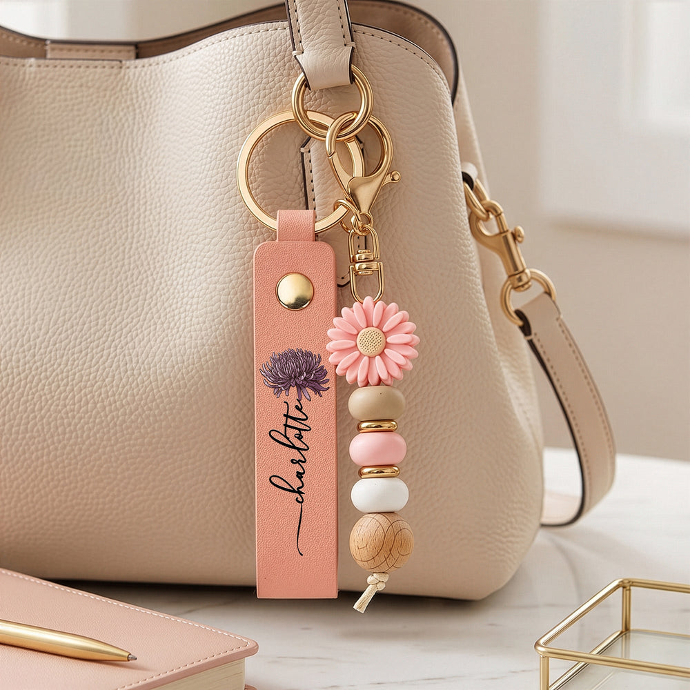 Personalized Birth Flower Keychain - Custom Bestie Beaded Wristlet Gift