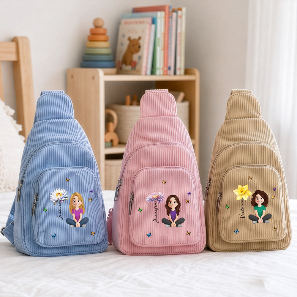 Personalized Cute Cartoon & Birth Month Flower Corduroy Sling Bag for Kids