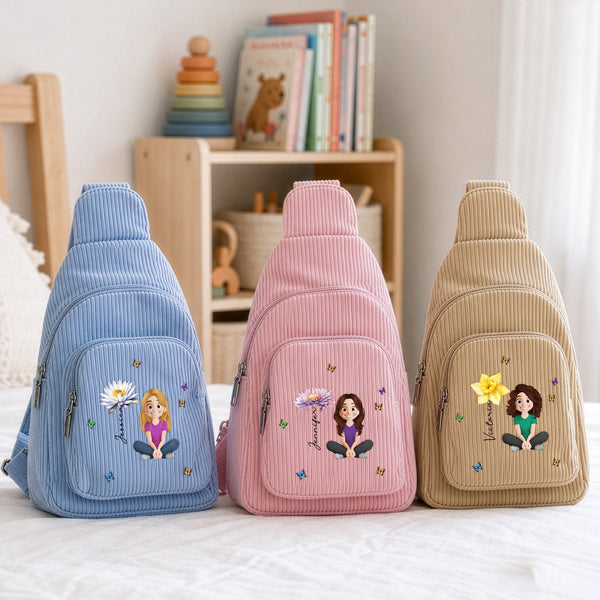 Personalized Cute Cartoon & Birth Month Flower Corduroy Sling Bag for Kids
