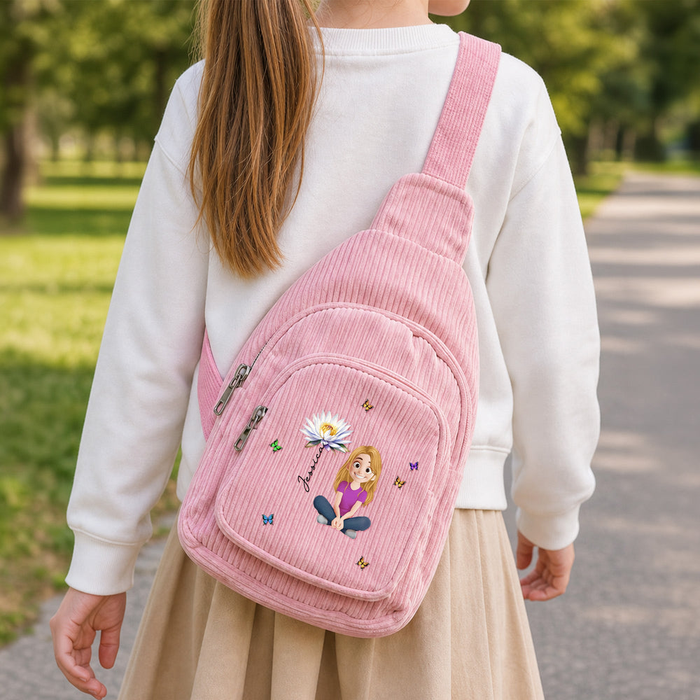 Personalized Cute Cartoon & Birth Month Flower Corduroy Sling Bag for Kids