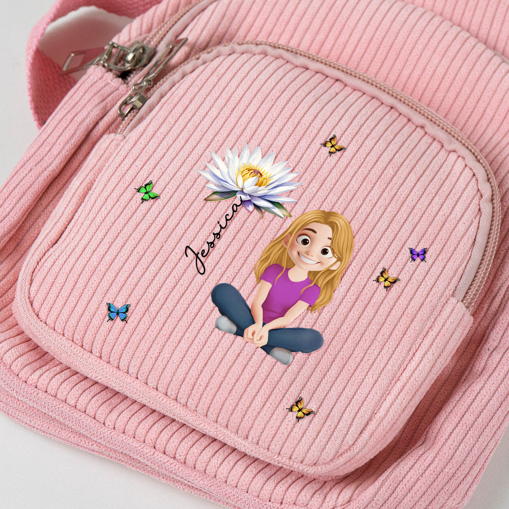 Personalized Cute Cartoon & Birth Month Flower Corduroy Sling Bag for Kids