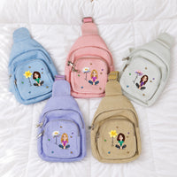 Personalized Cute Cartoon & Birth Month Flower Corduroy Sling Bag for Kids