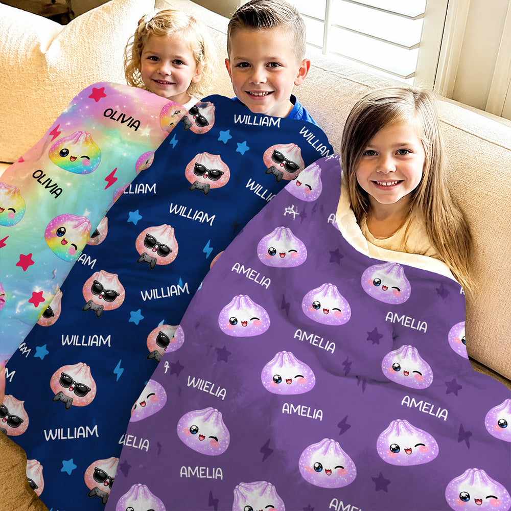 Personalized Cute Dumpling Fleece Blanket - Custom Name Cozy Sherpa Throw