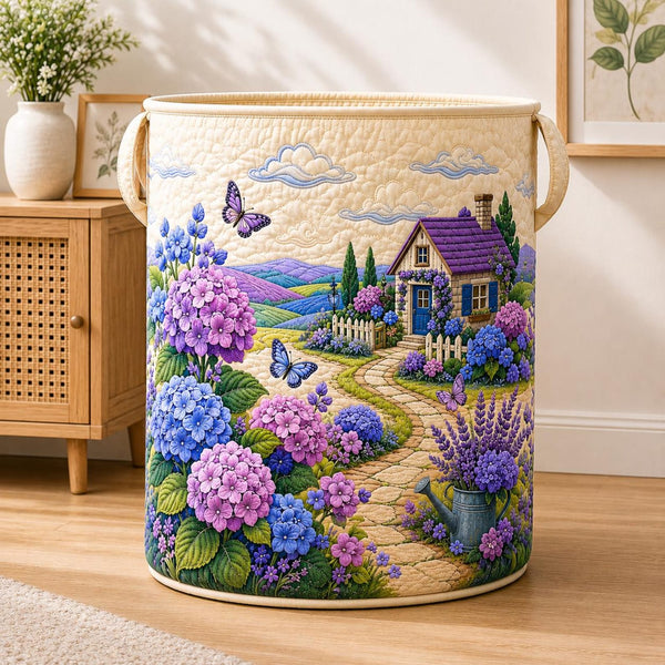 Hydrangea Cottage Floral Farmhouse Quilted Laundry Basket EM01