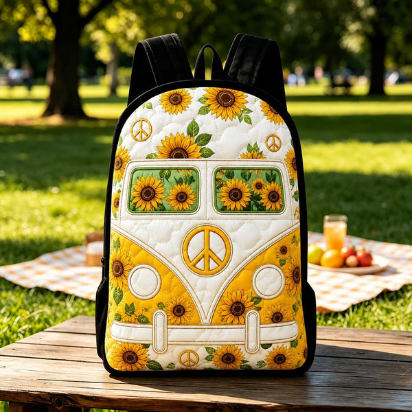 Sunflower Vintage Hippie Van Quilted Backpack With Black Strap LD04