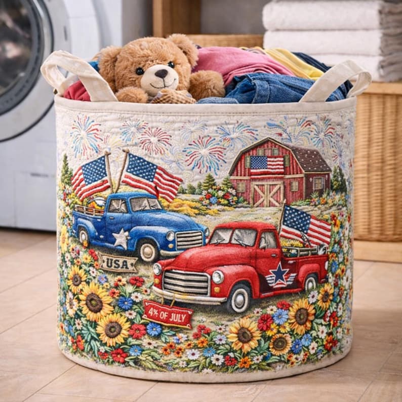 Patriotic with Vintage Truck Quilted Laundry Basket LD03
