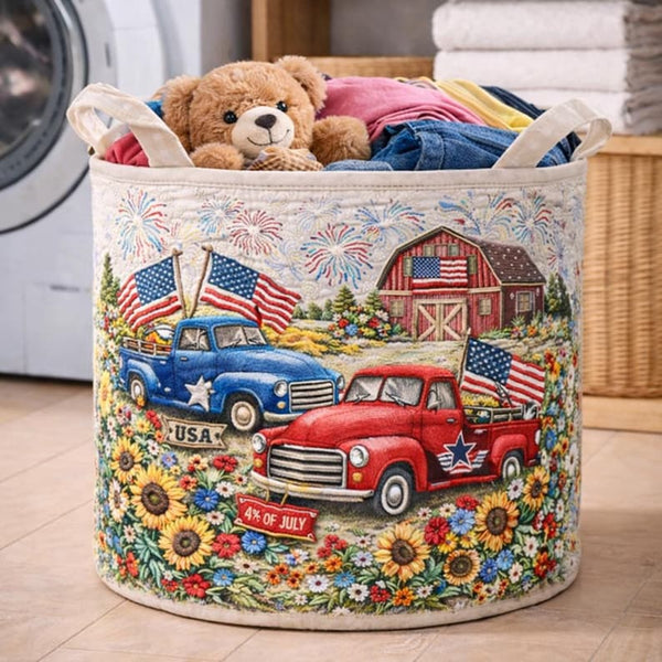 Patriotic with Vintage Truck Quilted Laundry Basket LD03
