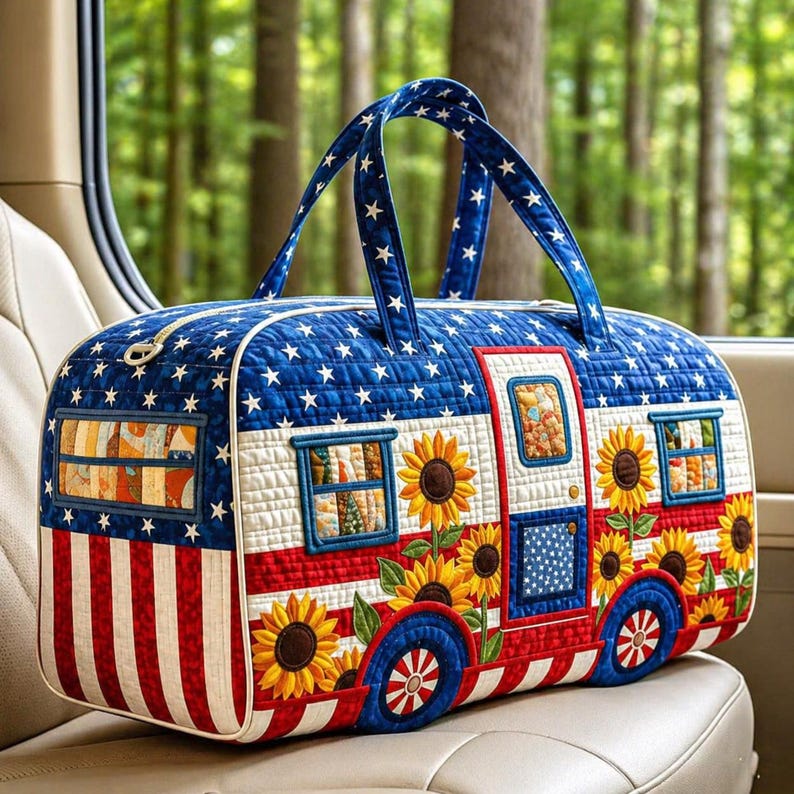 Patriotic Camping Van America 250 Years Quilted Duffle Bag LD06
