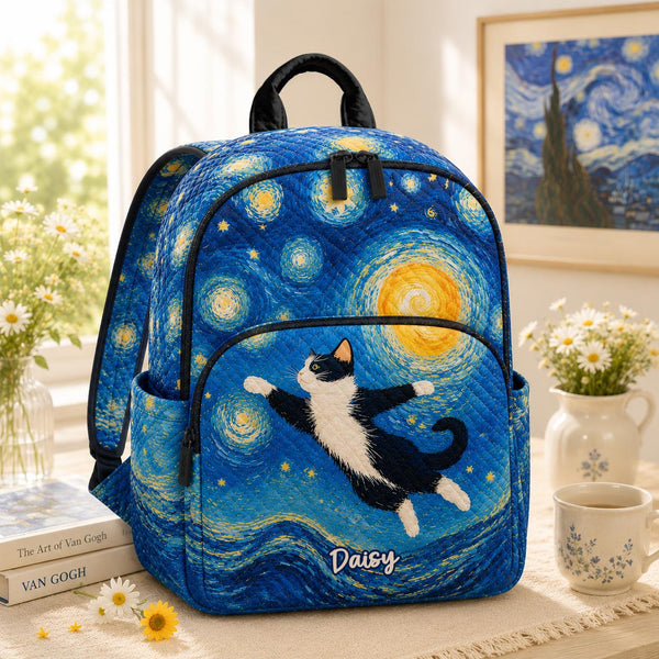 Cute Tuxedo Cat Blue Personalized Quilted Backpack LV17