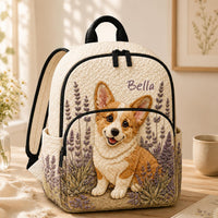 Corgi & Lavender Flower Personalized Quilted Backpack LV24