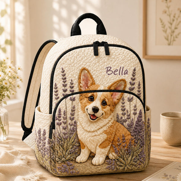 Corgi & Lavender Flower Personalized Quilted Backpack LV24