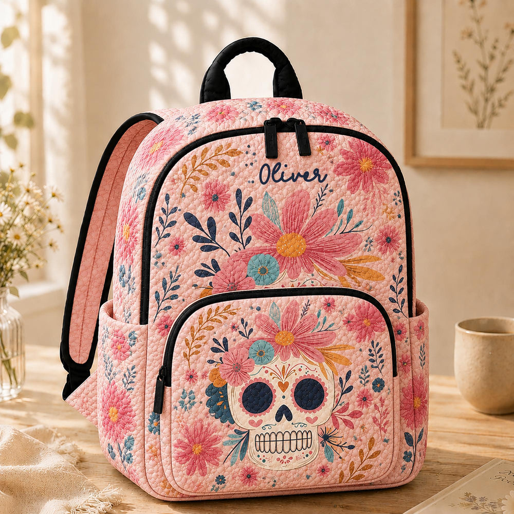 Floral Sugar Skull Personalized Quilted Backpack LV58