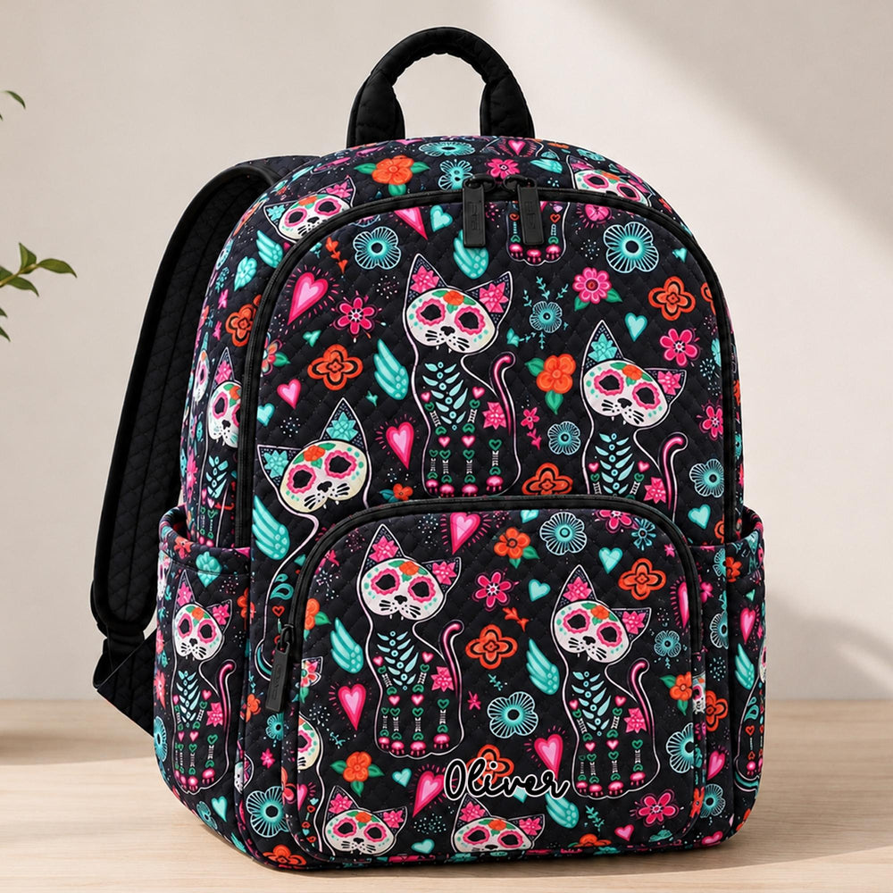 Day of the Dead Cat Personalized Quilted Backpack LV59
