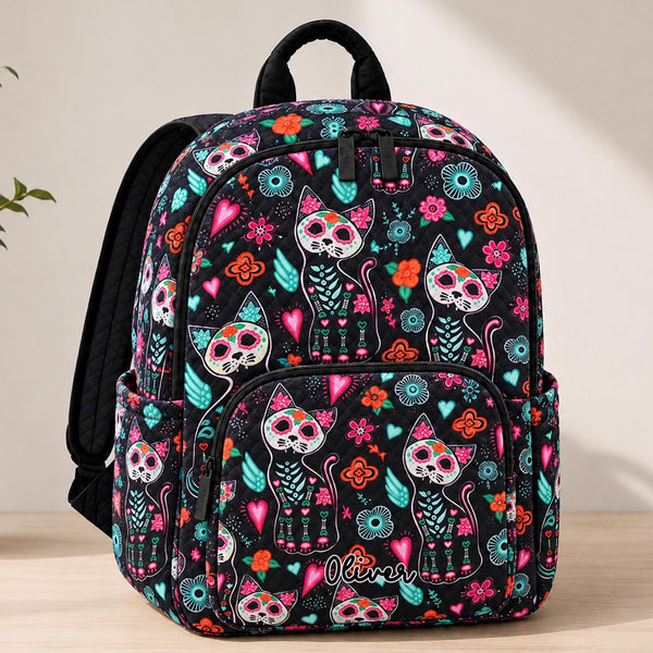 Day of the Dead Cat Personalized Quilted Backpack LV59
