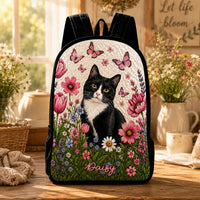 Cute Black Cat and Daisies Personalized Quilted Backpack With Black Strap LV05