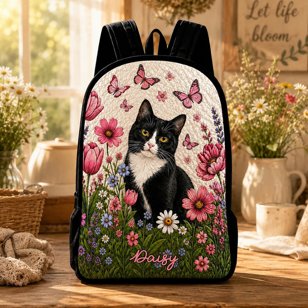 Cute Black Cat and Daisies Personalized Quilted Backpack With Black Strap LV05
