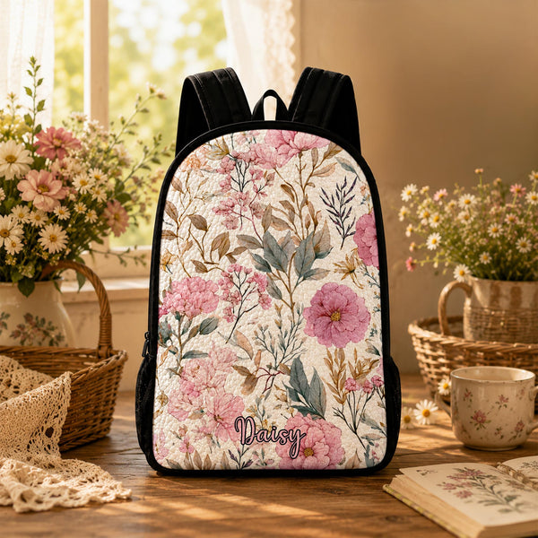 Cottagecore Pink Flower Personalized Quilted Backpack With Black Strap LV06