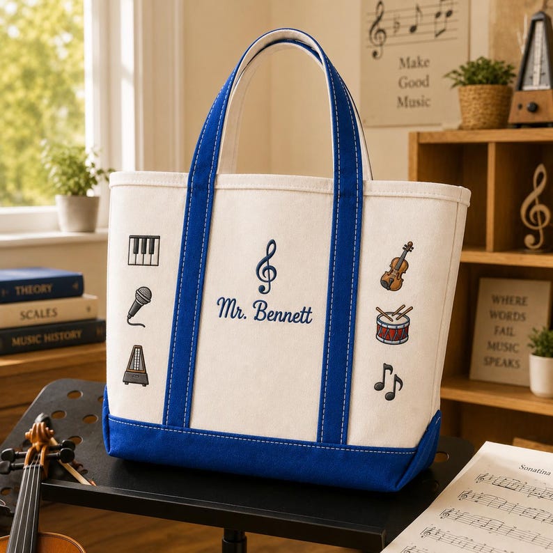 Personalized Name Music Notes Embroidary Tote Bag QH10