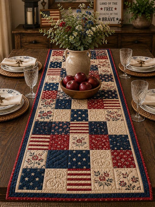 Patriotic Patchwork Quilted Table Runner QH03