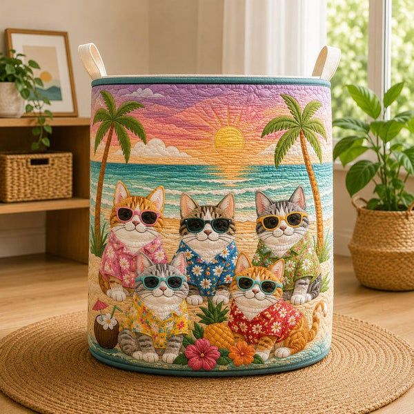 Hawaiian Cat Hamper, Summer Pet Lover Home Decor Basket Quilted Laundry Basket QH04