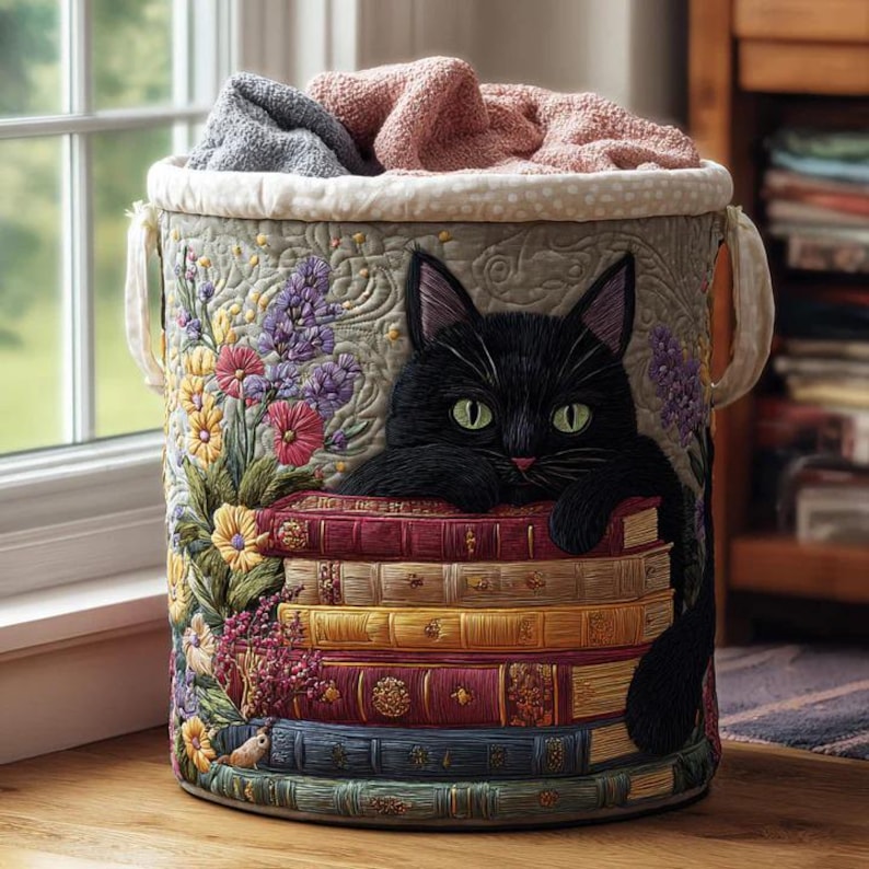 Black Cat Floral Library Quilted Laundry Basket QH08