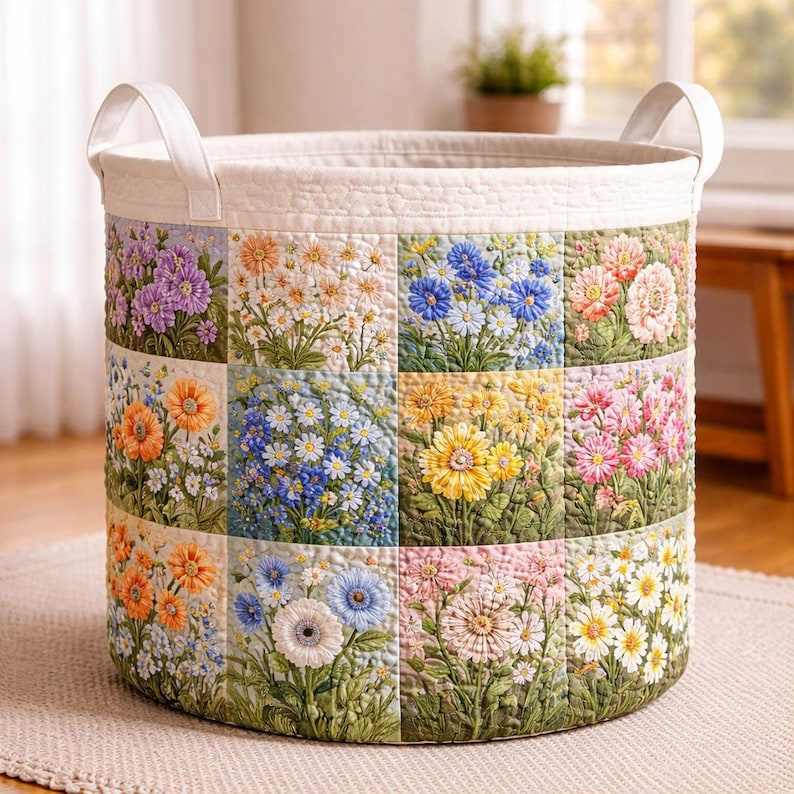 Floral Patchwork Quilted Laundry Basket QH14
