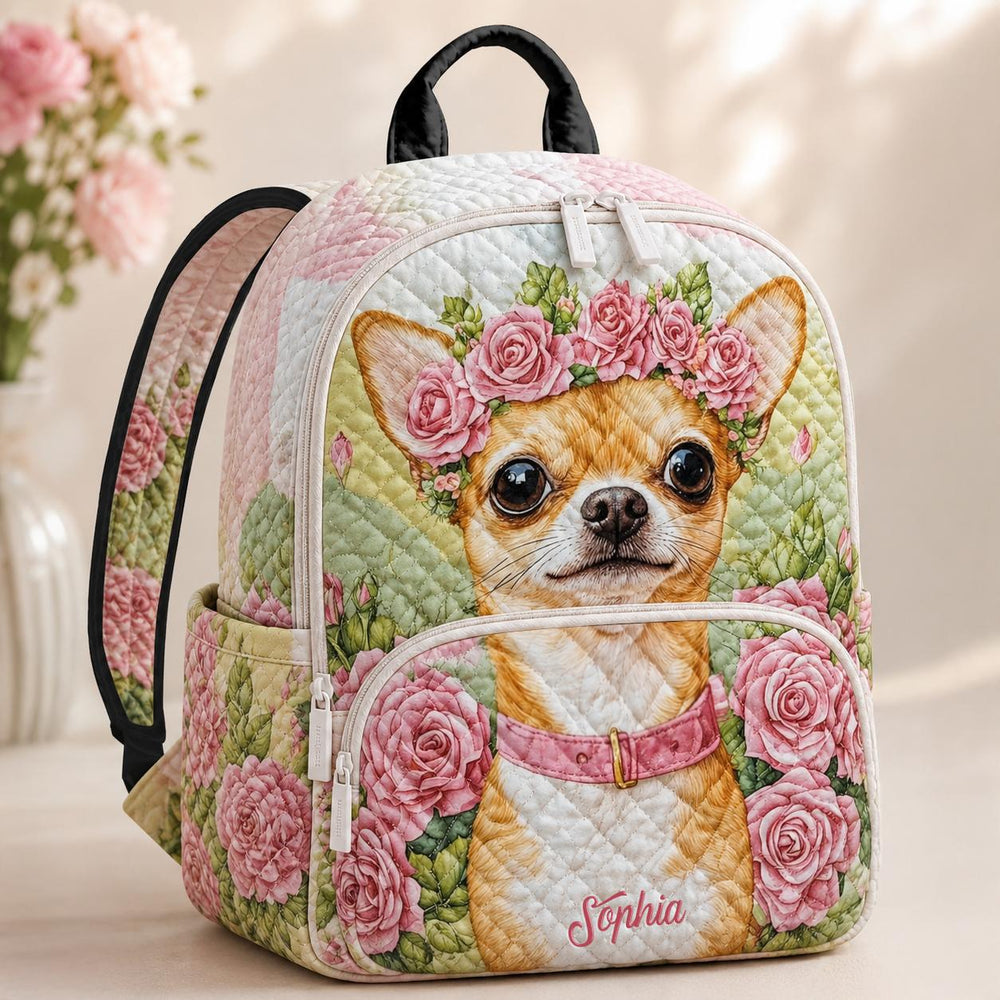 Custom Name Chihuahua Floral Quilted Backpack TG05
