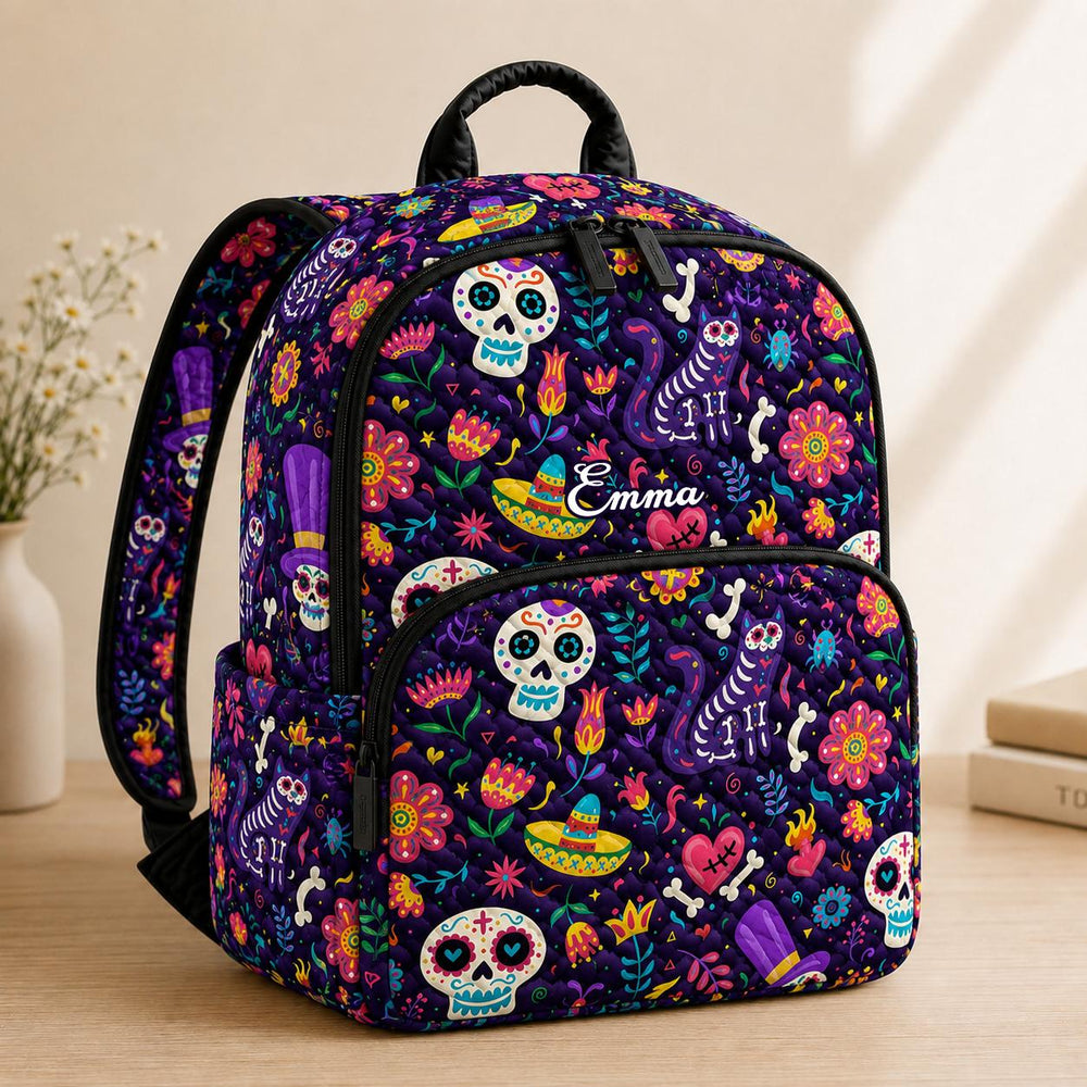 Colorful Floral Dia de Los Muertos Personalized Quilted Backpack TG60