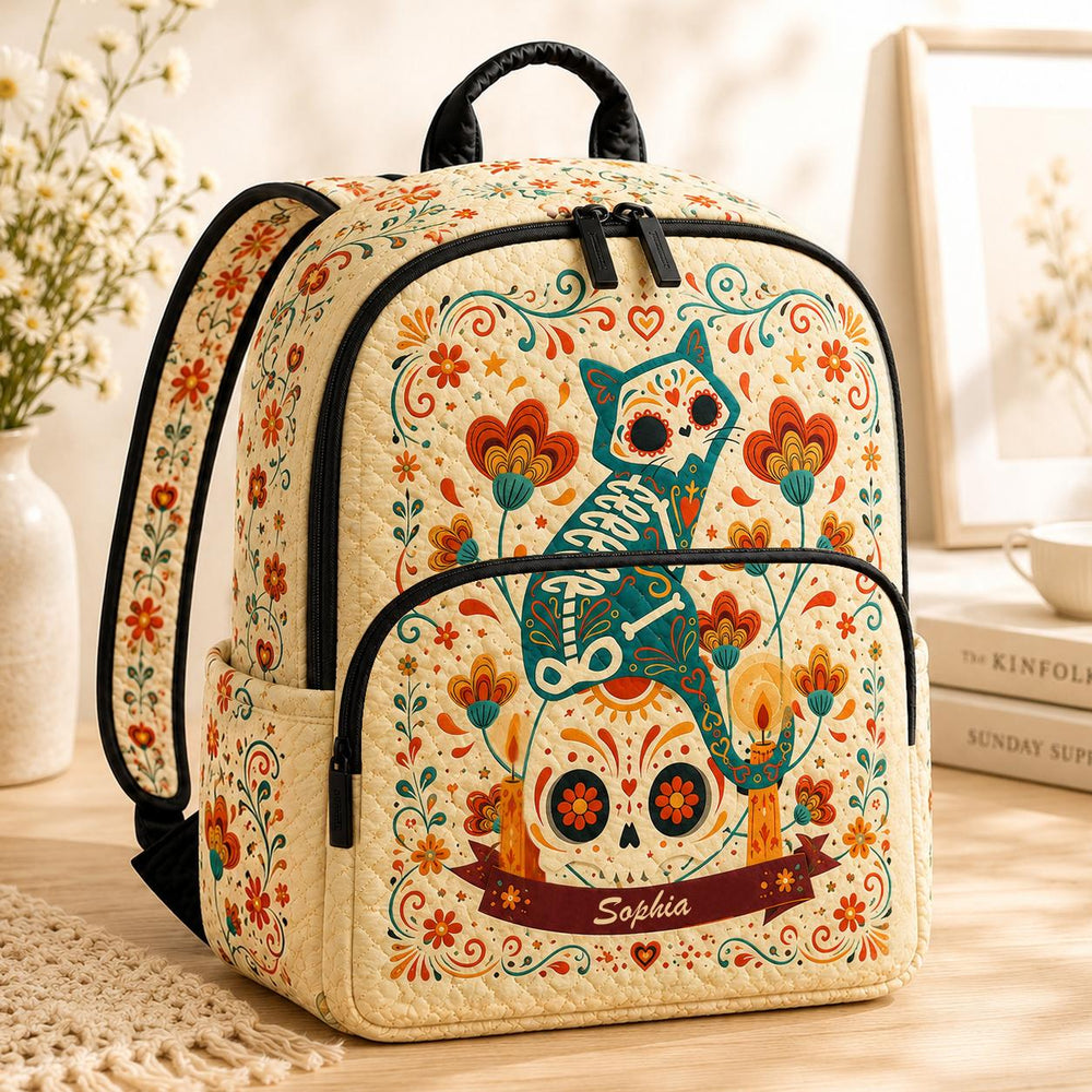 Sugar Skull Cat Personalized Quilted Backpack TG61