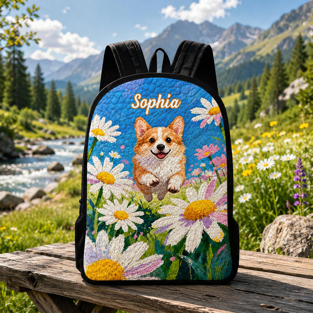 Floral Corgi Personalized Quilted Backpack With Black Strap TG08