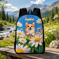 Floral Corgi Personalized Quilted Backpack With Black Strap TG08