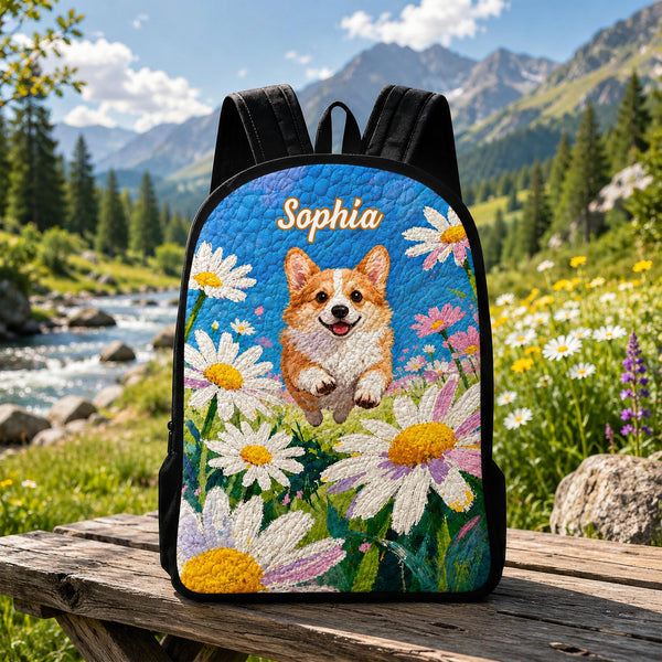 Floral Corgi Personalized Quilted Backpack With Black Strap TG08