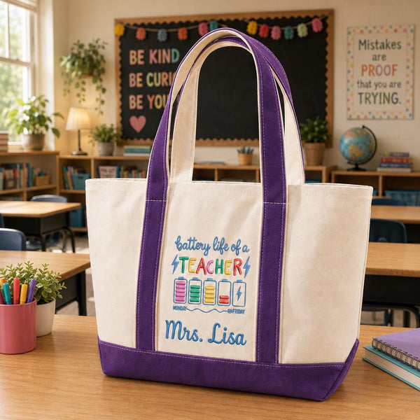 Battery Life of a Teacher Custom Name Embroidary Tote Bag TN07