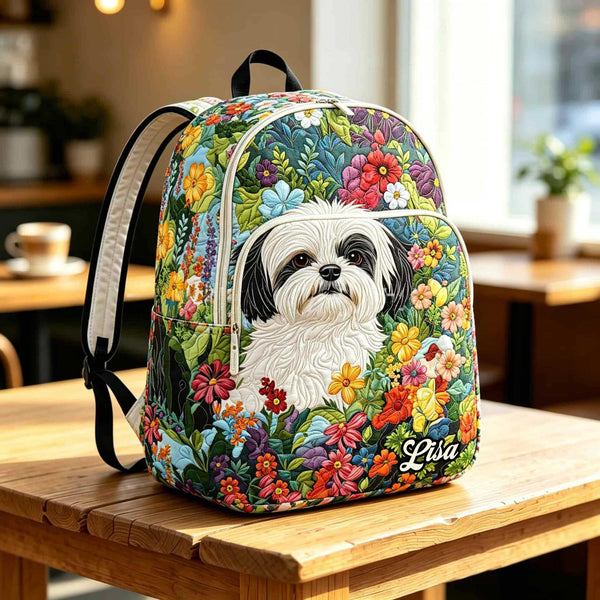 Shih Tzu Floral Personalized Quilted Backpack TN38