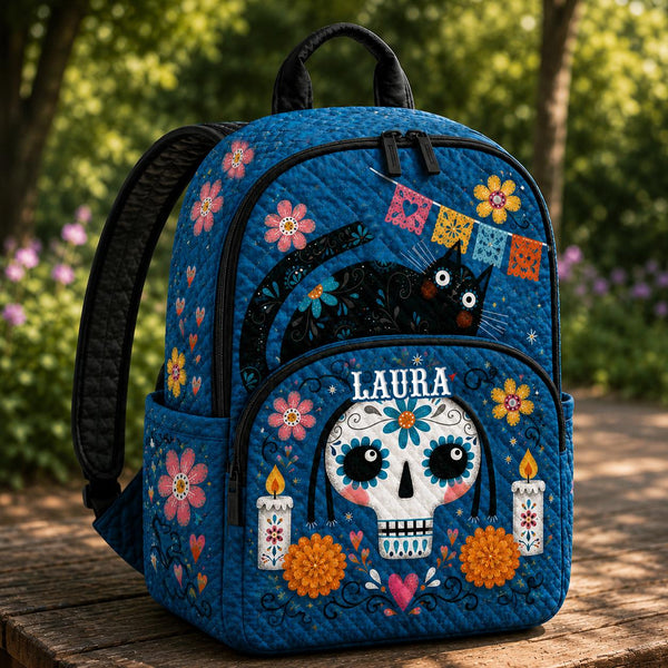 Floral Sugar Skull Blue Personalized Quilted Backpack TN62