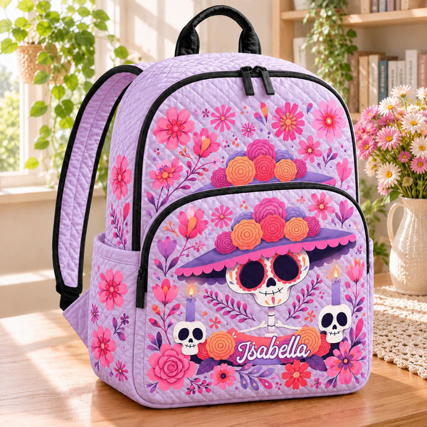 Sugar Skull & Flowers Girls Personalized Quilted Backpack TN63