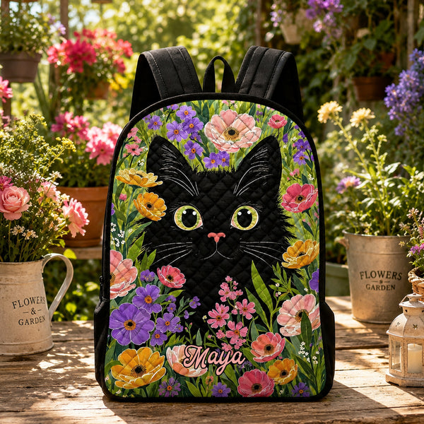Black Cat & Floral Quilted Backpack With Black Strap TN01