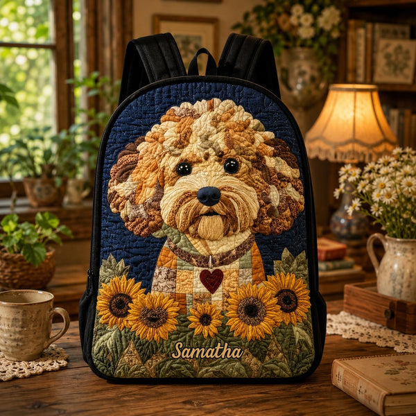 Sunflower Goldendoodle Personalized Quilted Backpack With Black Strap TN03