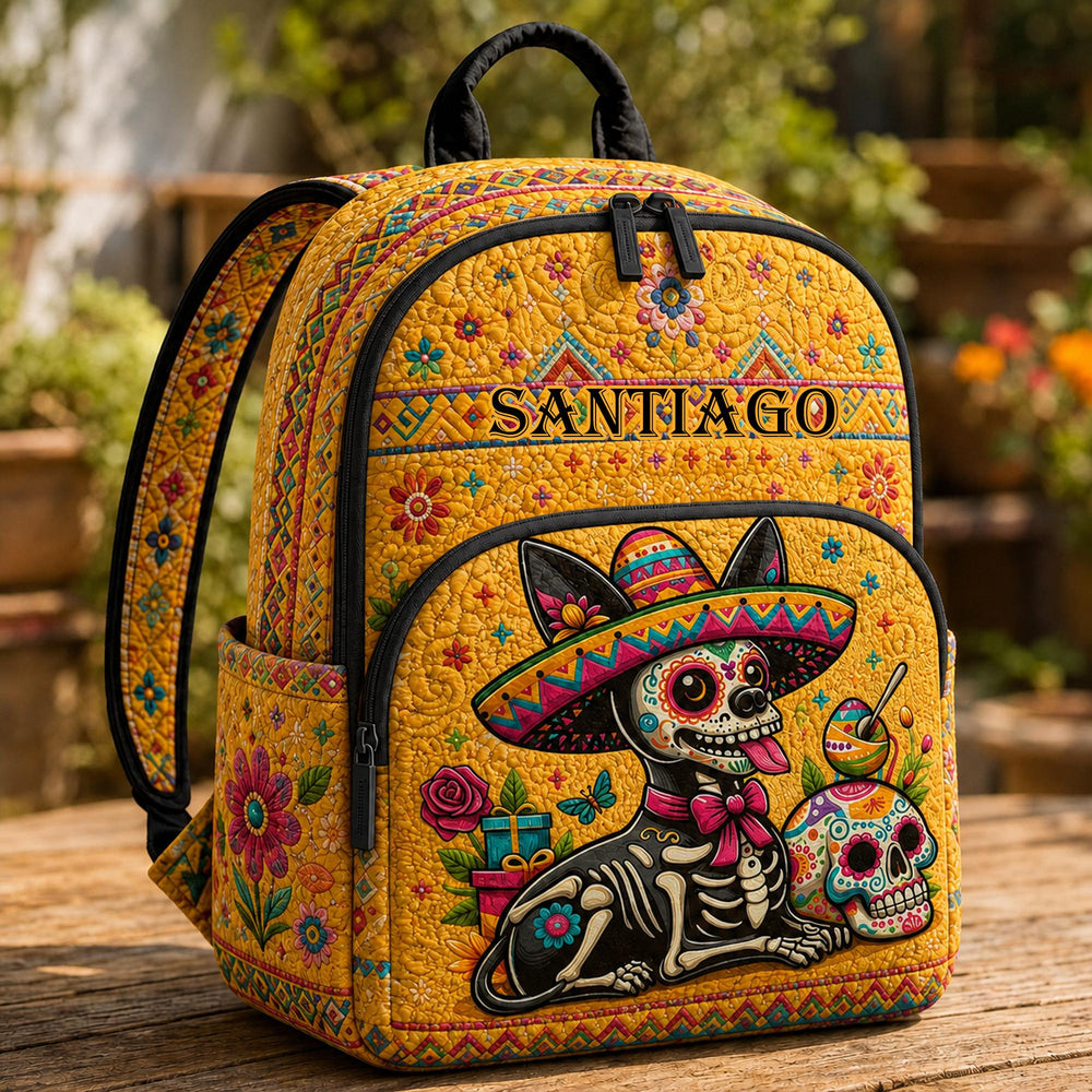 Day of the Dead Skeleton Cat Personalized Quilted Backpack TP55