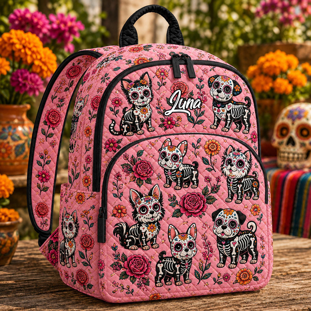 Sugar Skull Dog Pink Personalized Quilted Backpack TP57