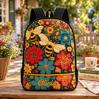 Bee Happy Wildflower Personalized Quilted Backpack With Black Strap TP11