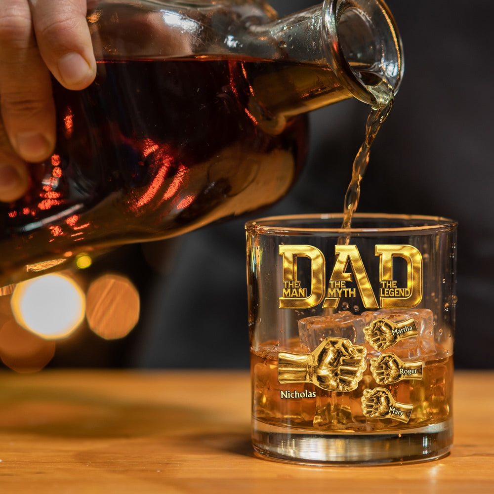 Dad The Man The Myth The Legend - Fist Bump With Kids Names - Personalized Whiskey Glass