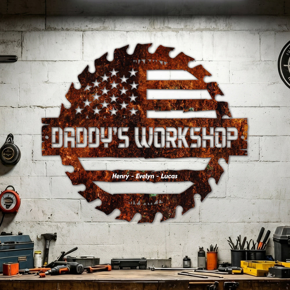 Daddy's Garage, Papa's Garage Man Cave Steel Workshop Sign Father's Day Gifts - Personalized Metal Sign | Custom Gift For Dad’s Workshop Decor