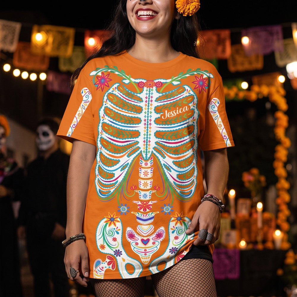 Personalized Day of the Dead Sugar Skull Shirt - Mexican Floral Halloween Gift