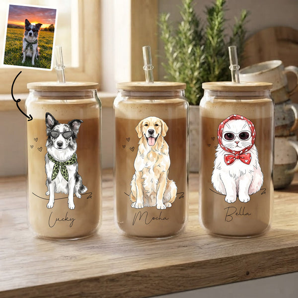 Dog Cat Portrait Watercolor Art - Personalized Glass Cup