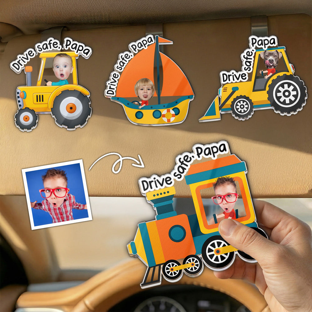 Father's Day Gifts, Drive Safe, Daddy, Papa, Mommy, Grandma - Custom Kids' Face - Personalized Car Visor Clip