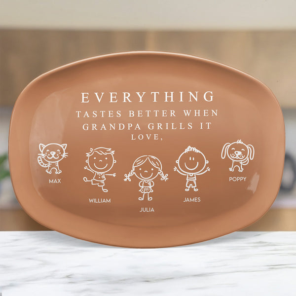 Everything Tastes Better When Grandpa Grills It - With Kids' Names - Personalized Platter | BBQ Grandpa Gift