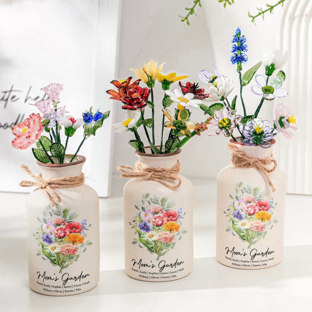 Family Birth Flower Bouquet Flowers Gift For Mom, Grandma, Family - Personalized Vase