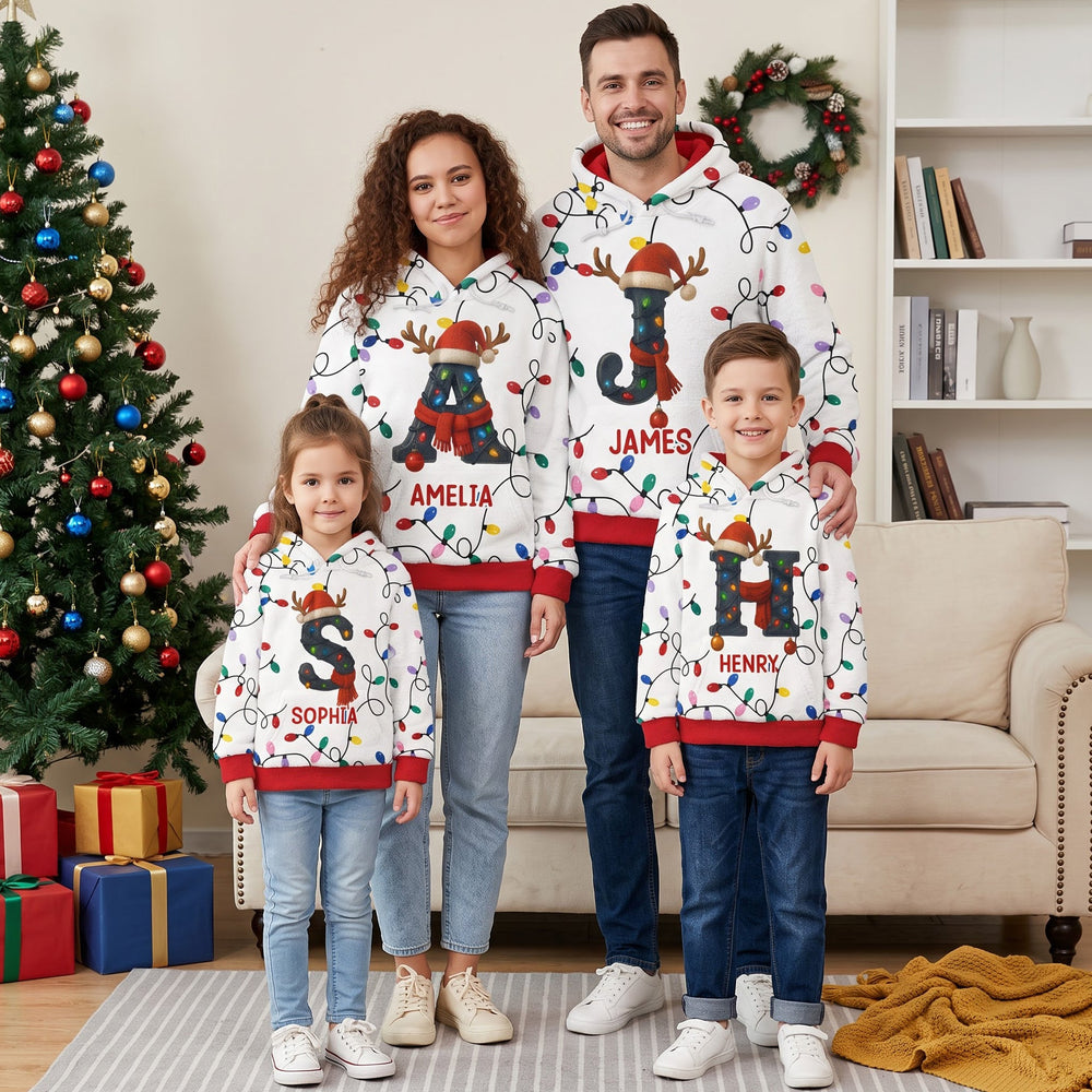 Personalized Christmas Initial Hoodie, Custom Name Holiday Matching Sweatshirt for Family